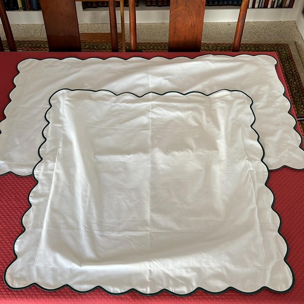 Two (2) Jane Wilner Haute Couture Linens scallop pillow shams. European & King